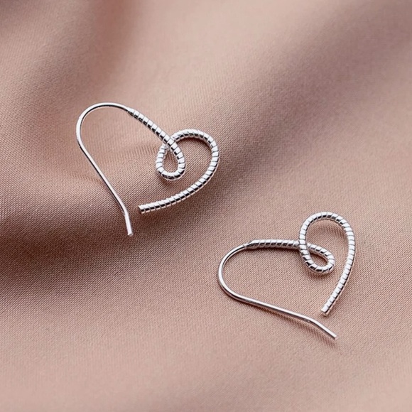 Any 3/$25! Silver Textured Heart Threader Earrings - Picture 2 of 5